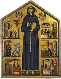 Saint Francis and stories on his life, 1235, by Bonaventura Berlinghieri (1210-1287 ca), tempera on panel, 160x123 cm, Saint Francis Church, Pescia, Tuscany, Italy.
