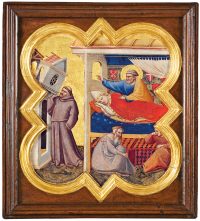 Gaddi, Taddeo.um 1300 – 1366. /"Der Traum des Papstes Innozenz III."(Der Heilige Franziskus stützt die wankende Lateransbasilika), um 1333/34.Auf Holz, 41 × 36 cm.Aus einer Serie von 22 Vierpasstafel mit Szenen aus dem Leben Christi und des Heiligen Franz von Assisi.Aufnahme nach der Restaurierung.Inv. Nr. 8595,Florenz, Galleria dell'Accademia.