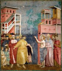 Giotto di Bondone ; v. 1266–1337.–"Saint François rend ses vêtements à son père". (Legenda maior II, 3).Fresque, v.1295/1300. Assise, S. Francesco (église supérieure, 3e travée, mur nord de la nef). (Photo : Stefan Diller).