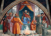 Ghirlandaio (Domenico Bigordi, dit). 1449–1494."L'épreuve du feu de saint François d'Assise devant le sultan", v. 1483/85.Fresque.2ème scène du cycle de la légende de saint François.Florence, Église Santa Trinità,Chapelle Sassetti.